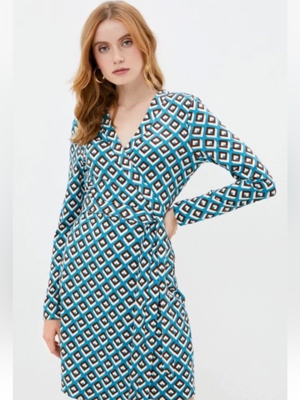 DVF Diane Von Furstenberg Julian teal/brown Chain Link SILK wrap Dress Sz S